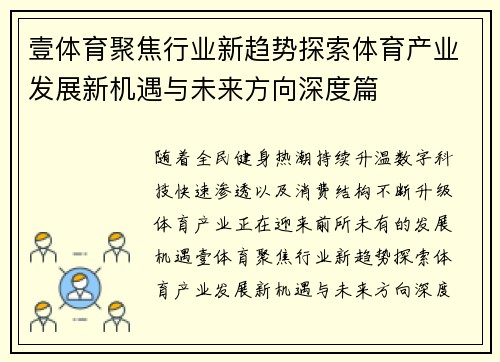壹体育聚焦行业新趋势探索体育产业发展新机遇与未来方向深度篇 壹体育聚焦行业新趋势探索体育产业发展新机遇与未来方向深度篇