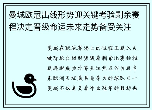 曼城欧冠出线形势迎关键考验剩余赛程决定晋级命运未来走势备受关注